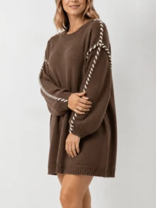 Women's Plus Size Brown Long Ribbed Knit Pullover Sweater, White Stitching Detail, Round Neck Long Drop Shoulder Sleeve Winter Knitwear - Coffee Brown - View 6