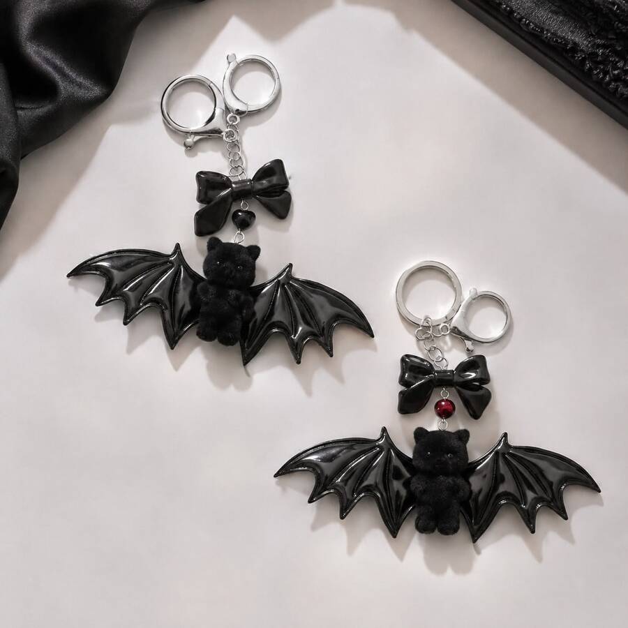 Gothic Bat Bear Keychain, Halloween Black Wing Bag Charm, Cute Bow Pendant, Flocked Material Bag Accessory, Dark Style Phone Charm - Multicolor - View 1