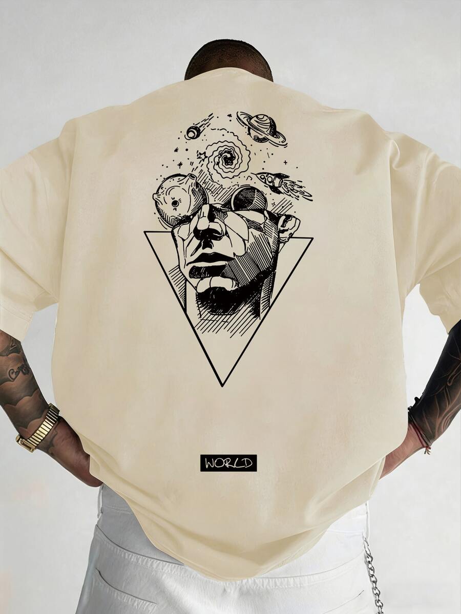 Plus Size Men's Casual Loose Fit Street Style Printed Short Sleeve T-Shirt, Summer - Apricot - View 1