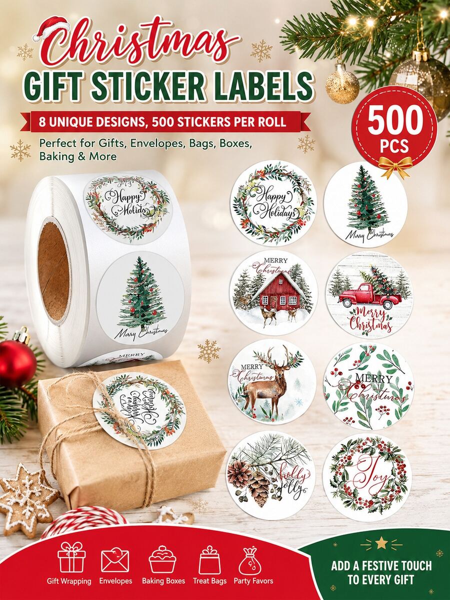 1500PCS/3ROLL Watercolor Christmas Round Stickers Roll, Self‑Adhesive Labels For Gift Sealing Decor - Multicolor - View 1