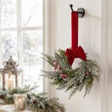 1pc Snowy Christmas Wreath With Bow And Long Hanging Strap, Green Foliage And Red Berries Holiday Wreath, Suitable For Door, Wall, Window, Cabinet, Entryway, Farmhouse Style Home And Winter Christmas Decor - Multicolor - View 4