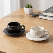 1pc Nordic Style Textured Ceramic Cup & Saucer Set, Black & White Matte Stone Pattern Latte Tea Cup, Suitable For Home, Office, Afternoon Tea, Great Gift - Multicolor - View 6