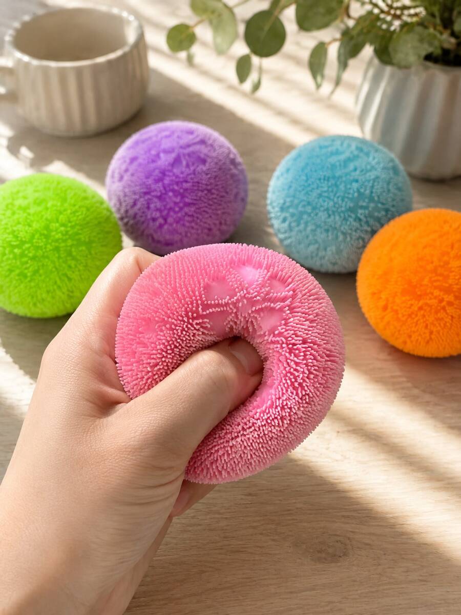 1pc Kids Round Smiling Face Plush Squeeze Toy, Soft Fluffy Stress Relief Sensory Toy, Cute Cartoon Style, Suitable For Boys And Girls - Multicolor - View 1