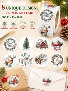 1500PCS/3ROLL Watercolor Christmas Round Stickers Roll, Self‑Adhesive Labels For Gift Sealing Decor - Multicolor - View 4