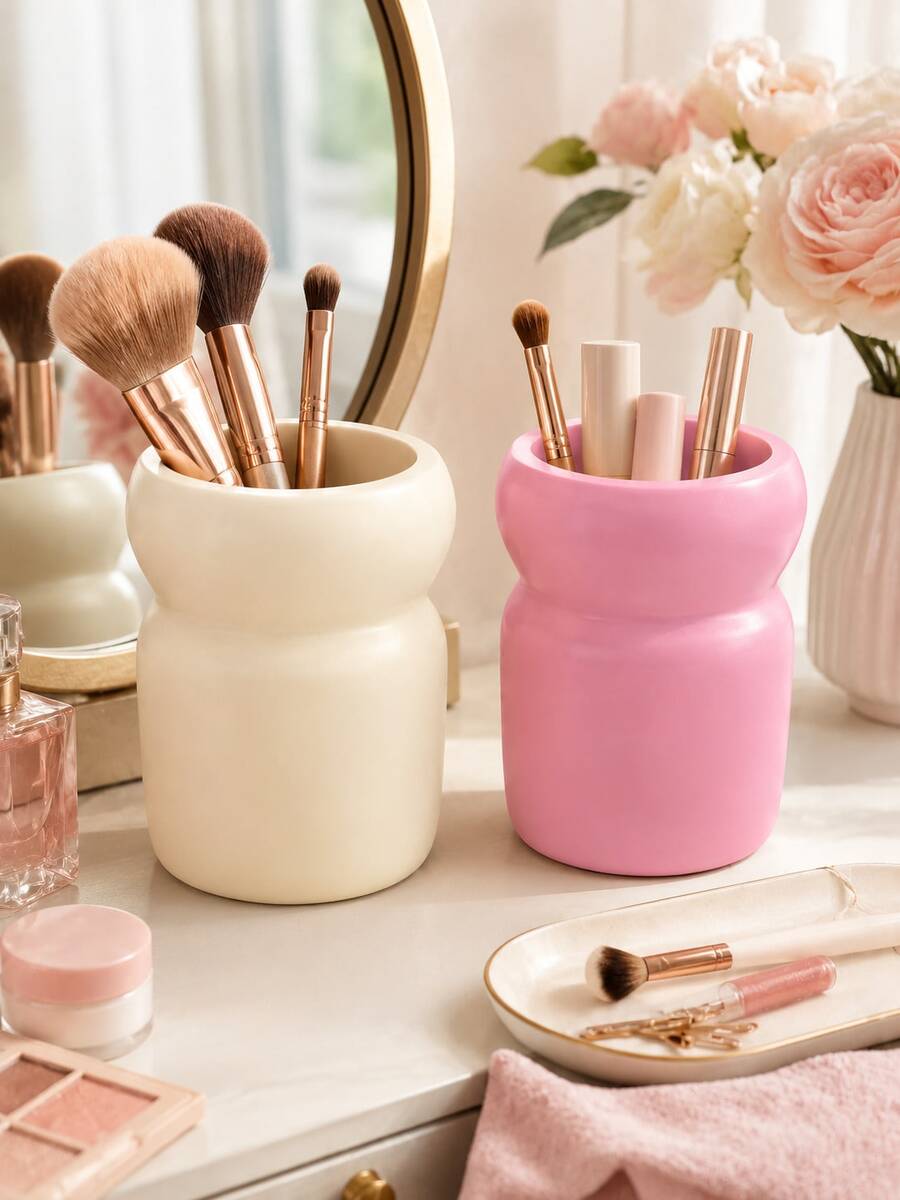1pc Minimalist Makeup Brush Holder, Rounded Cosmetic Organizer Cup For Makeup Brushes Lipstick Eyeliner Eyebrow Pencil And Beauty Tools, Aesthetic Vanity Desktop Storage For Dressing Table Bedroom Bathroom Countertop Decor - Multicolor - View 1