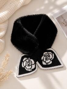 1pc Women's Knitted Plush Collar Warm Scarf, Floral Print Ribbon Patchwork Design, Suitable For Autumn/Winter Daily Warmth - Black Floral Faux Fur - View 18