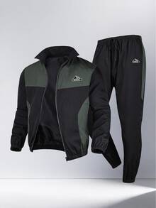 1 Set Men's Autumn Colorblock Woven 2 Pieces Set, Logo Patchwork Zipper Jacket And Joggers, Casual Sports Streetwear Style, Boyfriend Gift - Dark Green - View 4