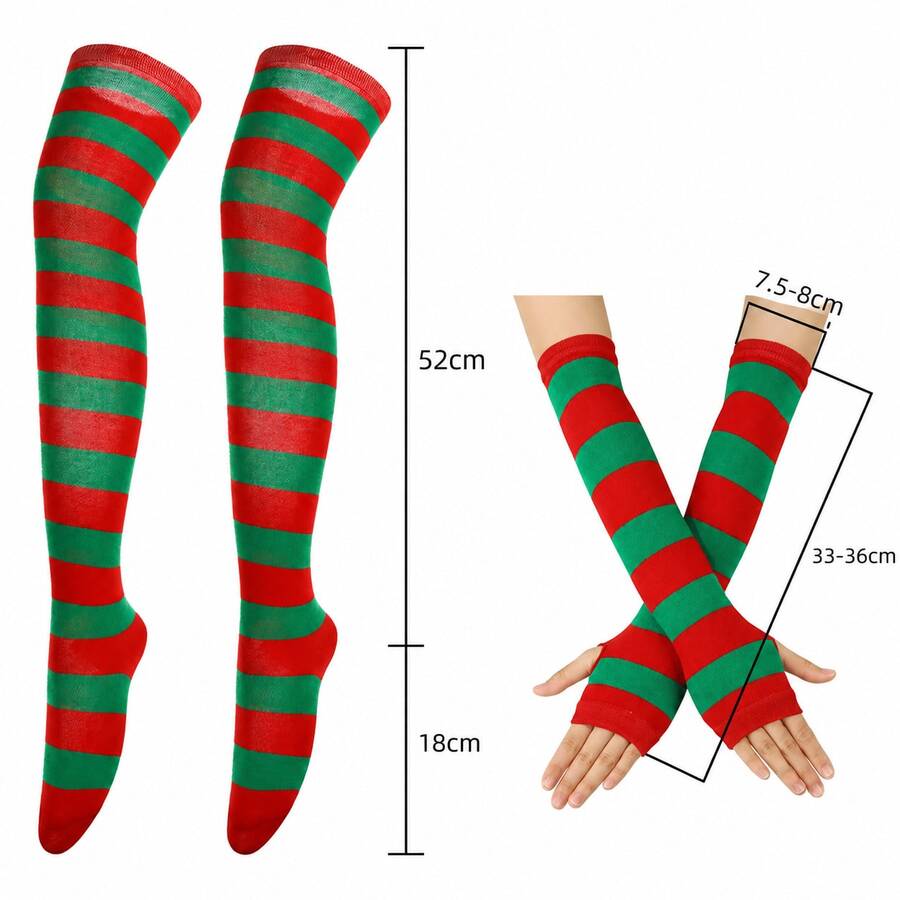 Halloween Striped Arm Sleeves And Over-The-Knee Leg Warmers Set, Orange And Black Long Stockings With Fingerless Gloves, Women's Girls Party Cosplay Costume Accessories - Multicolor - View 1