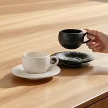 1pc Nordic Style Textured Ceramic Cup & Saucer Set, Black & White Matte Stone Pattern Latte Tea Cup, Suitable For Home, Office, Afternoon Tea, Great Gift - Multicolor - View 5