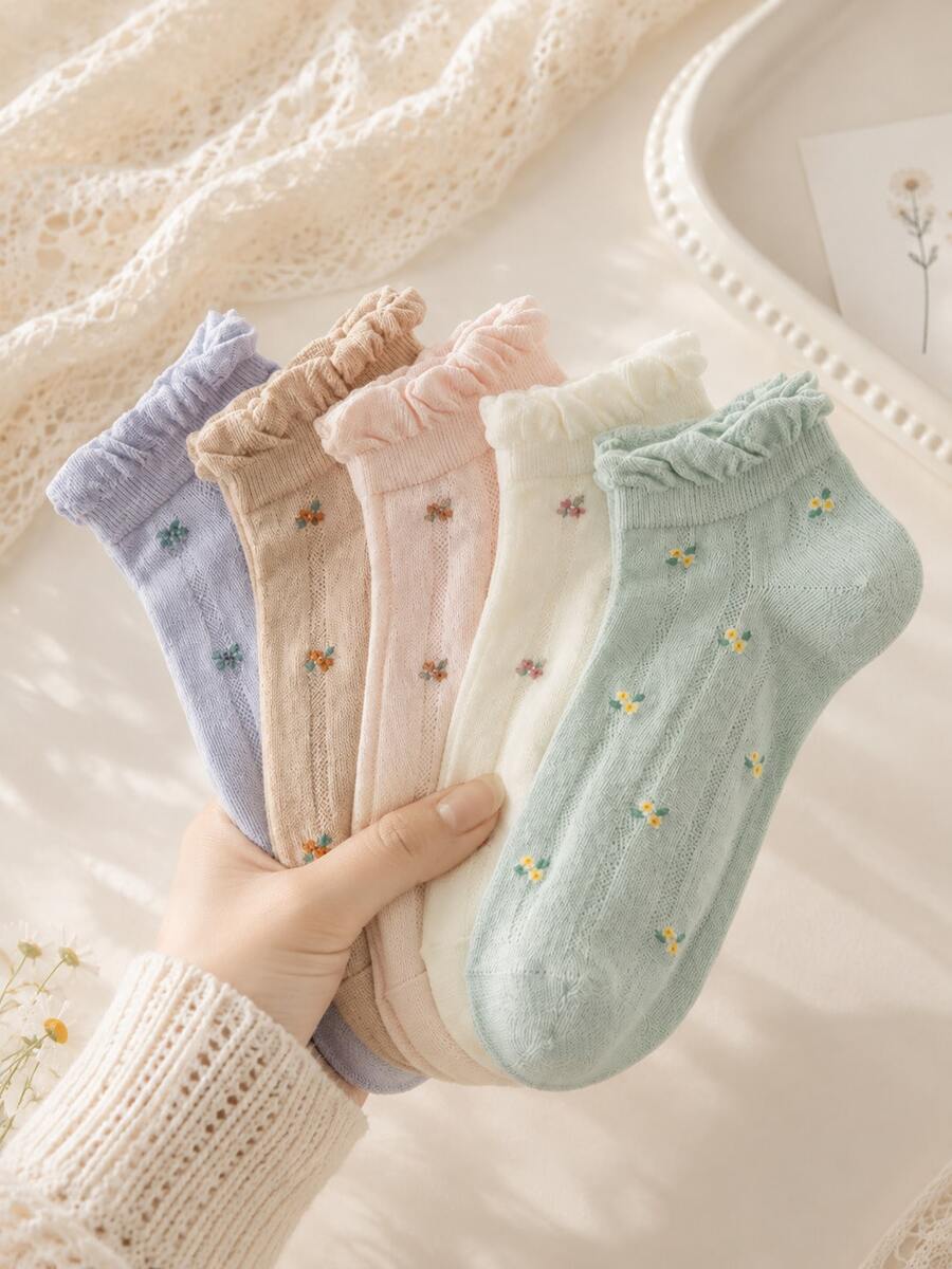 5 Pairs Assorted Women's Cute Floral Embroidered Ruffle Ankle Socks, Soft Breathable Lightweight Pastel Color Socks For Casual Daily Wear In Spring And Summer - Multicolor - View 1