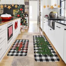 1/2/3pcs Christmas Theme Kitchen Rugs, Flannel Kitchen Rugs With Christmas Tree Pattern And Black & White Checkered Background, Comfortable Soft Absorbent Non-Slip Machine Washable With Anti-Slip Backing, Multi-Functional Floor Mat Suitable For Entrance, Living Room, Bedroom, Kitchen, Dining Room, Bathroom, Patio, Hallway, Home And Holiday Decor - Multicolor - View 2