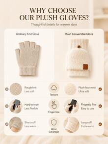 Autumn/Winter Half-Finger Half-Palm Flip-Cover Warm Windproof Gloves, Solid Color Fleece Lining Thickened Knitted Gloves, Outdoor Cold Protection, Office Use, Touchscreen Fingerless Design - Multicolor - View 3