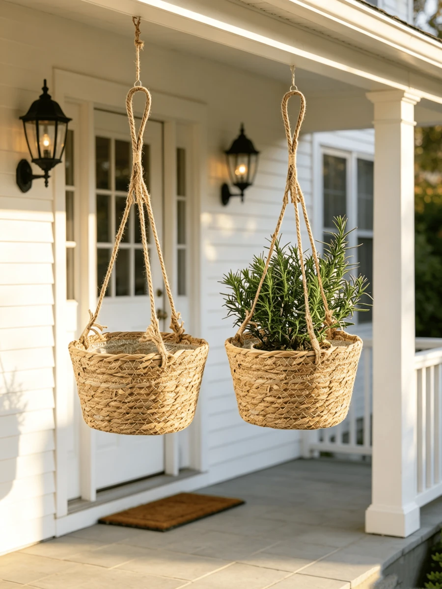 2 Woven Hanging Baskets, Dimensions 50 * 20 Cm, Lined With Plastic Film, Hanging Flower Baskets, Suitable For Decorative Garden Design With Flowers And Green Plants - 2pcs - View 1