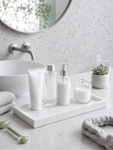 1pc Marble Pattern Rectangular Decorative Tray, Multi-Functional Desktop Vanity Storage Organizer, Fashionable Countertop Storage Tray, Suitable For Perfume, Jewelry, Cosmetics, Bathroom Vanity Decor, Wedding Bridesmaid Gift, Room Decor, Jewelry Storage, Home Decor - Multicolor - View 3