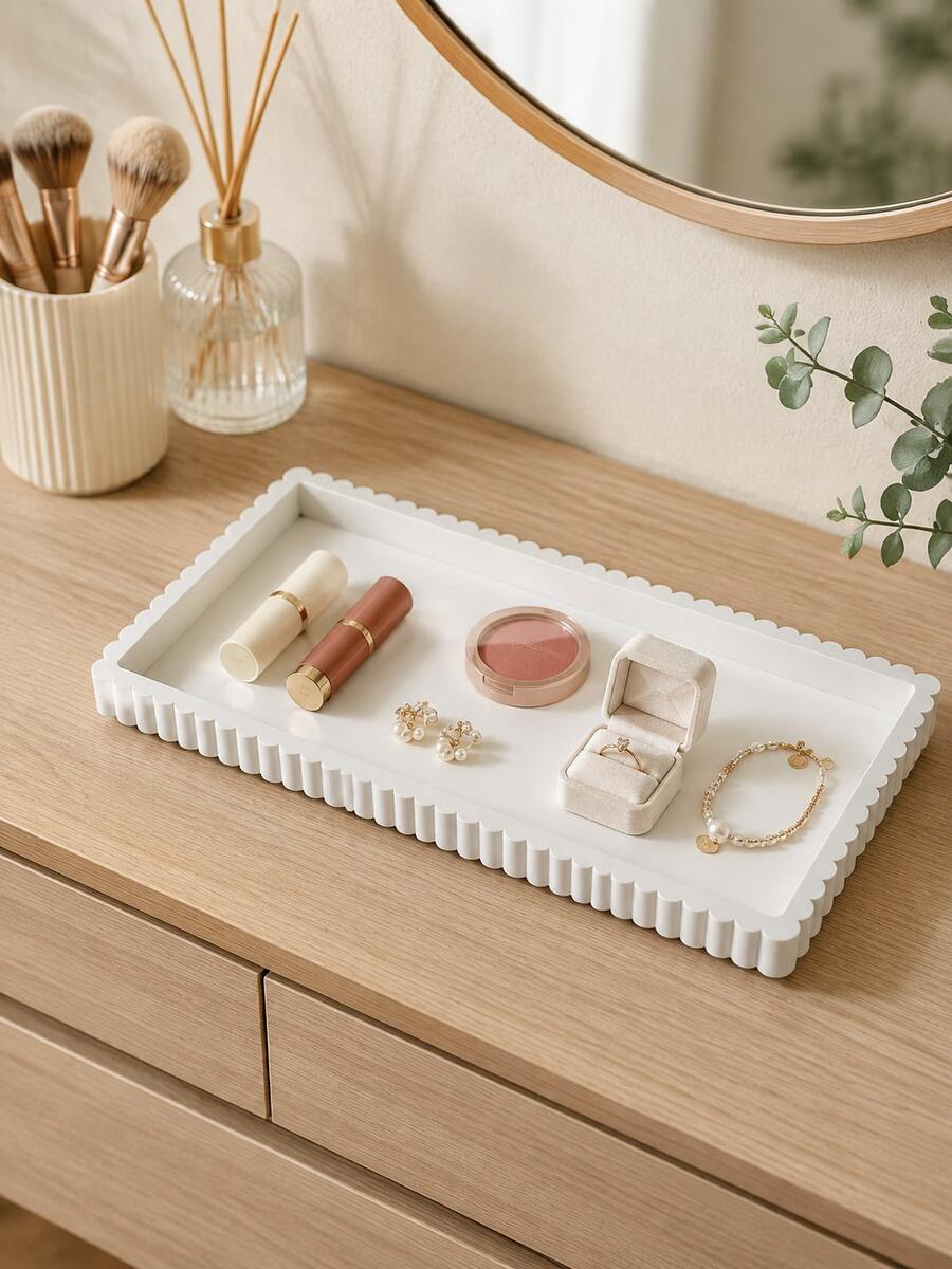 1pc White Rectangular Wavy Edge Jewelry Tray, Elegant Ring, Earring, Bracelet, Perfume And Small Accessory Storage Box, Suitable For Bedroom, Vanity, Dresser, Bathroom Or Desktop Display | Jewelry Tray, Vanity Storage Box, Home Decor - Multicolor - View 1
