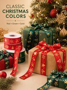 Classic Festive Flat Roll Shape Red And Green Ribbon With Gold Snowflake Reindeer And Christmas Tree Prints, Neat Edges For Gift Wrapping And Bow Making, Christmas Craft Ribbon For Presents, Parties, Weddings, Winter Holiday And New Year Celebrations - Multicolor - View 1