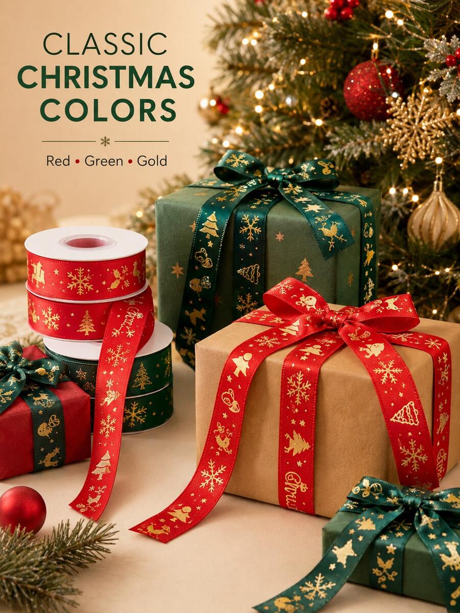 Classic Festive Flat Roll Shape Red And Green Ribbon With Gold Snowflake Reindeer And Christmas Tree Prints, Neat Edges For Gift Wrapping And Bow Making, Christmas Craft Ribbon For Presents, Parties, Weddings, Winter Holiday And New Year Celebrations - Multicolor - View 1