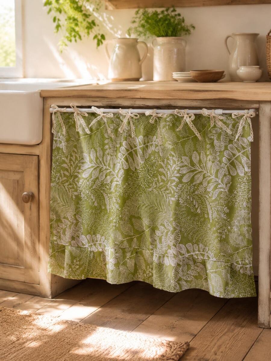 Country Style Oven Curtain With Ruched Edges And Tie Design, Farmhouse Oven Cover, Suitable For Protecting And Decorating Ovens, Dishwashers And Washing Machines, Home Kitchen Style Cabinet Cover