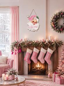 1pc Pink Santa Claus Welcome Sign, Christmas Door Hanging Decor, Vintage Wooden Holiday Wall Hanging, Christmas Front Porch Hanging Ornament, Christmas Party Home Entrance Decoration, Rustic Style Holiday Hanging Decor - Pink - View 7