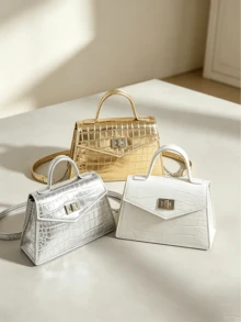 1pc Shiny Metallic Gold Crocodile Embossed Mini Square Handbag With Chain Shoulder Strap, One Shoulder Crossbody Bag, Luxury Party Accessory - Metallic Gloss - View 1