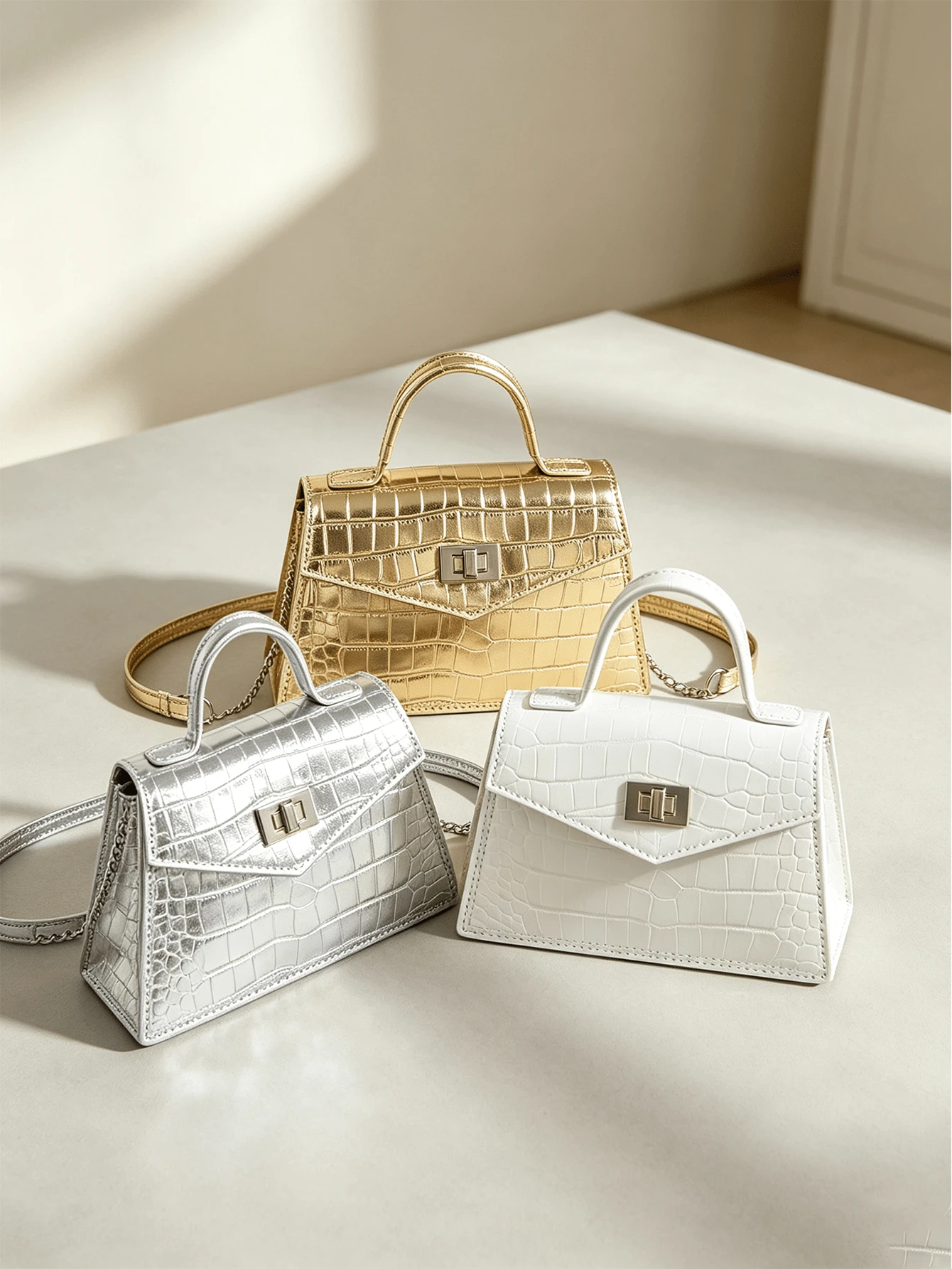 1pc Shiny Metallic Gold Crocodile Embossed Mini Square Handbag With Chain Shoulder Strap, One Shoulder Crossbody Bag, Luxury Party Accessory - Metallic Gloss - View 1