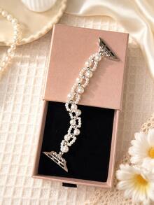 1pc Women's Single-Row Pearl-Style Beaded Bracelet Watch Band, Elastic Stretch Watch Strap Compatible With Apple Watch 38/40/41mm & Series 10 42mm - White - View 5