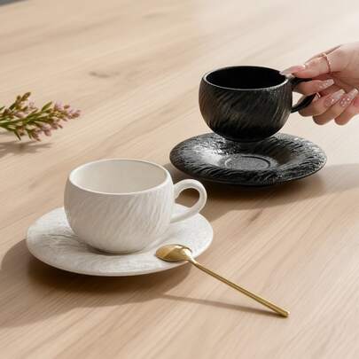 1pc Nordic Style Textured Ceramic Cup & Saucer Set, Black & White Matte Stone Pattern Latte Tea Cup, Suitable For Home, Office, Afternoon Tea, Great Gift