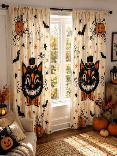 2 piezas de cortinas vintage de Halloween, estampado de gato negro sonriente, calabaza, fantasma, murciélago y estrella para ventanas de sala de estar, dormitorio y decoración del hogar para fiestas espeluznantes