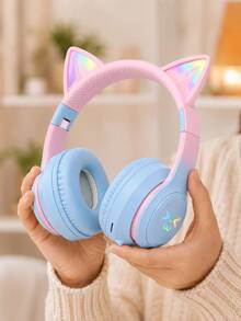 Headphone Bluetooth Nirkabel Bentuk Telinga Kucing Lucu dengan Lampu LED, Headset Lipat dan Dapat Diatur, Earphone Over-Ear Nyaman untuk Anak Perempuan, Kompatibel dengan iOS/Android untuk Bermain Game/Kelas Online - View 1