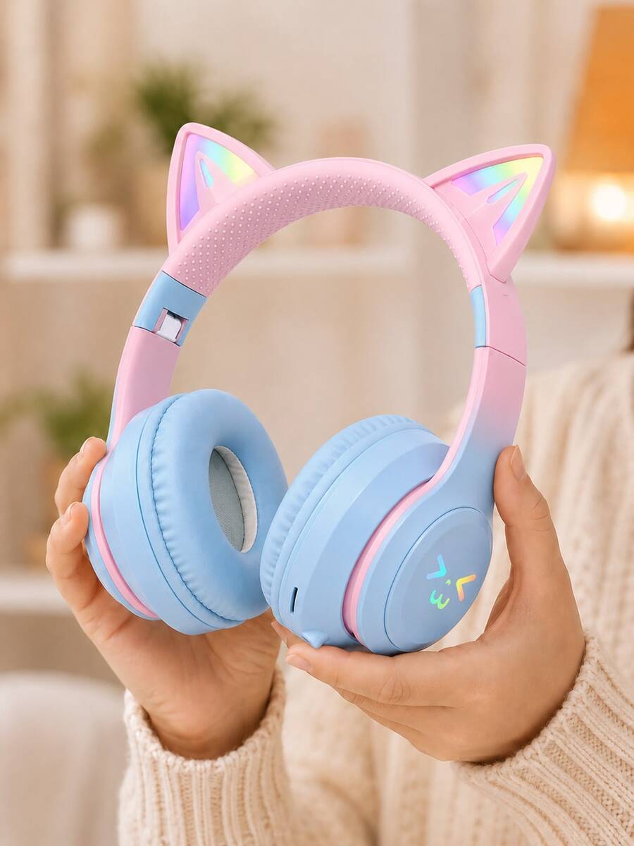 Headphone Bluetooth Nirkabel Bentuk Telinga Kucing Lucu dengan Lampu LED, Headset Lipat dan Dapat Diatur, Earphone Over-Ear Nyaman untuk Anak Perempuan, Kompatibel dengan iOS/Android untuk Bermain Game/Kelas Online - View 1