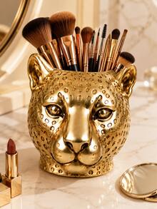 1pc Gold & Silver Leopard Print Makeup Brush Holder, Animal Head Shaped Cosmetic Storage Cup, Suitable For Makeup Brushes, Lipsticks, Eyeliner, Elegant Vanity Tabletop Bedroom Decor - Multicolor - View 8