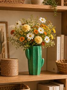 1pc Green Cactus Vase, Creative Cactus Shaped Flower Holder, Decorative Tabletop Vase For Living Room Bedroom Dining Table Shelf Boho Home Decor - New - View 2