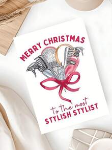 1pc Funny Hair Stylist Christmas Greeting Card, Cute Hairdressing Tools Pattern Holiday Wish Card, Warm Xmas Gift For Hairdresser Salon Worker, Large Thick Envelopes & Cards - Multicolor - View 3