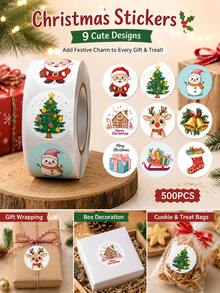 500PCS/1ROLL Assorted Cartoon Christmas Round Stickers, Self‑Adhesive Labels For Gift Sealing Decoration - Multicolor - View 1