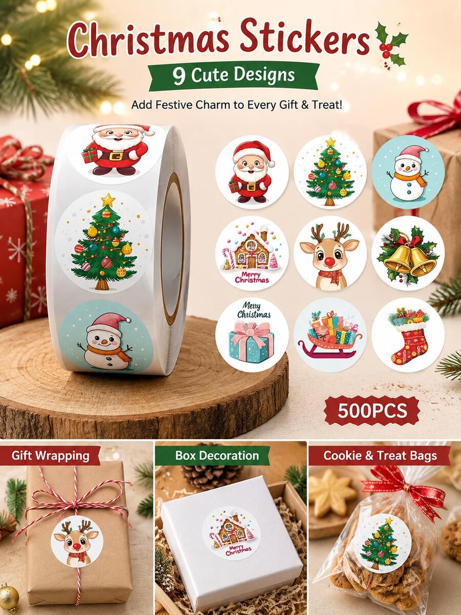 500PCS/1ROLL Assorted Cartoon Christmas Round Stickers, Self‑Adhesive Labels For Gift Sealing Decoration - Multicolor - View 1