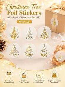 1500PCS/3ROLL Gold Foil Christmas Tree Round Stickers Roll, Self‑Adhesive Labels For Gift Sealing Decor - Multicolor - View 2