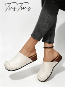 Women's Closed-Toe Rivet Half-Sling Wedge Slides, Retro Contrast Stitch Slip-On Sandals, Casual Outdoor Slippers For Daily Wear, Campus, Shopping, Versatile For Pants - Off White - View 4
