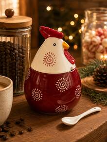 Chicken Ceramic Storage Jar With Lid & Spoon, Cute Floral Condiment Sugar Spice Coffee Bean Container, Kitchen Gift - Multicolor - View 11