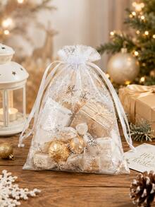 100pcs Christmas Snowflake Organza Bags, Transparent Drawstring Gift Bags, Suitable For Candy, Snacks, Jewelry, Small Gifts, Christmas Party Favors Packaging - Christmas Gift Bag - View 2