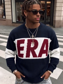 ANDREILEE Men's Casual Fashion Streetwear ERA Letter Crew Neck Loose Long Sleeve Ribbed Hem Daily Commute Versatile Knit Pullover Sweater - Navy Blue - View 2