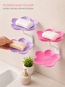 Flower-Shaped Soap Holder Storage Rack - Wall-Mounted Double Layer Soap Rack With Hooks, Suitable For Bathroom, Drainage System And Bathroom Accessories, Easy To Clean - Multicolor - View 1