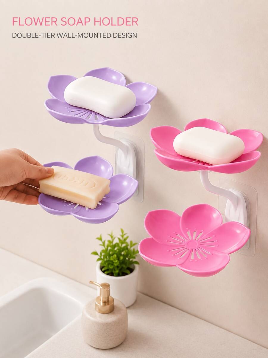 Flower-Shaped Soap Holder Storage Rack - Wall-Mounted Double Layer Soap Rack With Hooks, Suitable For Bathroom, Drainage System And Bathroom Accessories, Easy To Clean - Multicolor - View 1