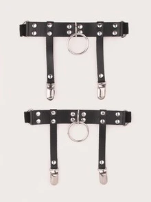 2Pcs Punk Faux Leather Garter Belt, Metal O‑Ring & Rivet Decor Suspender Garter, Gothic Adjustable Elastic Thigh Harness Party Body Accessory - Multicolor - View 4