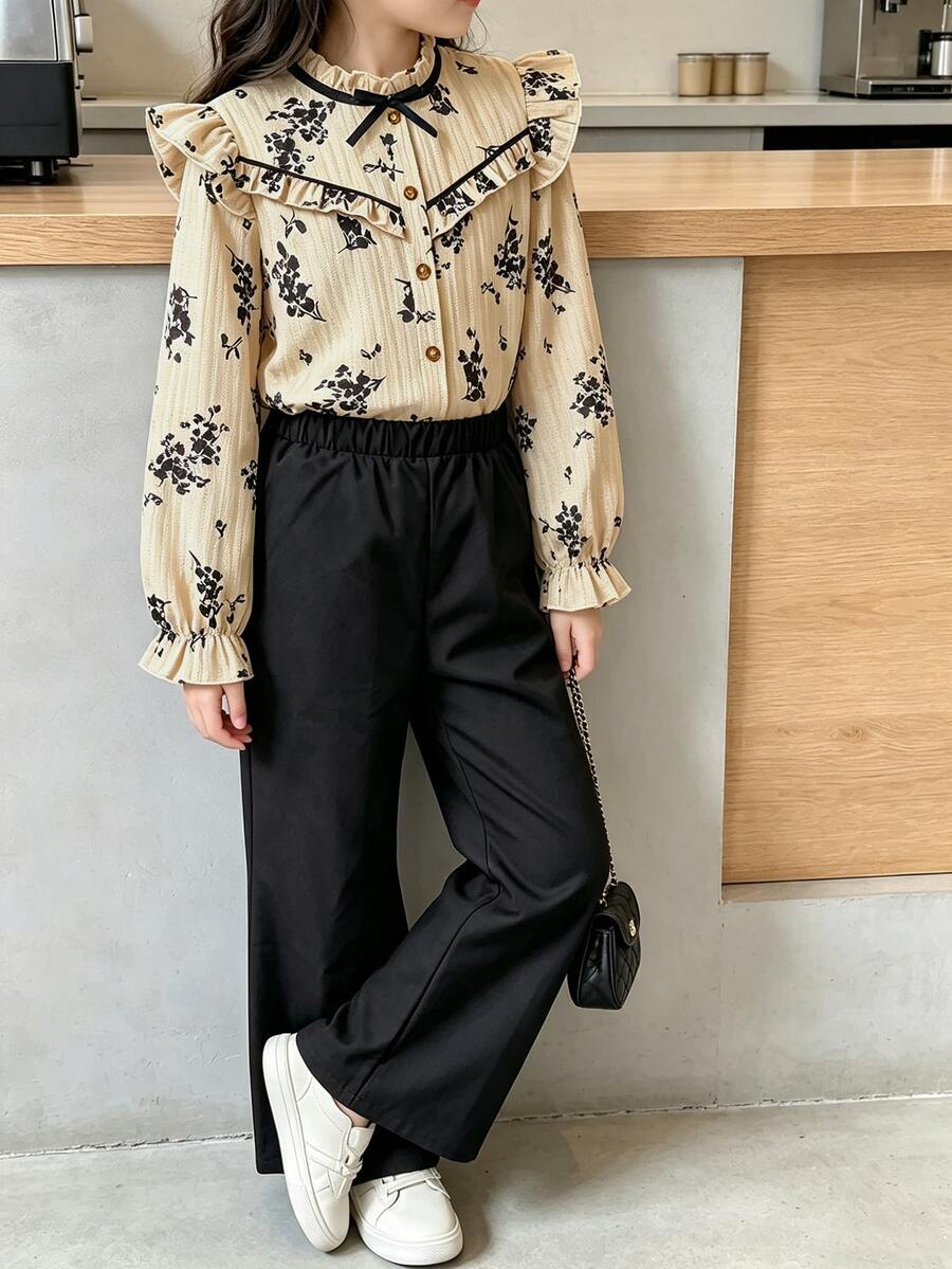 Left Mama Girls Elegant Vintage Floral Print Cap Sleeve Top & Straight Leg Pants Set - Khaki - View 1