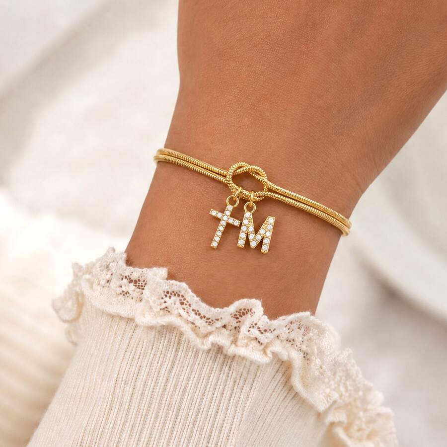 1pc New Fashion Cross Letter Gold Stainless Steel Concentric Knot Chain Bracelet For Women - Yellow Gold - View 1