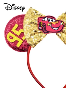 Disney 1pc Cars Character Ear Headband, Red Sequin Gold Sparkle Bow Lightning McQueen 95 Number Festival Cosplay Party Hair Hoop - Multicolor - View 7