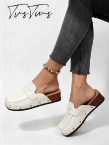 Women's Wedge Heel Thick Sole Square Toe Loafer Style Contrast Stitching Rivet Low Heel Mule Shoes Closed Toe Half-Slip Fashion Casual Outdoor Slippers - Off White - View 4