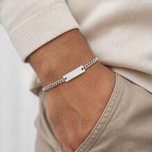 1pc Fashion Simple Rectangular Bar Golden/Silvery Stainless Steel Chain Bracelets For Men - Long Plate Bracelet - View 1