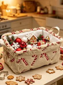 1pc Large Capacity Christmas Candy Cane Embroidered Flannel Storage Basket, Dual Handle Design, Foldable, Perfect For Christmas Holiday Supplies, Gifts, Decor Storage, Holiday Atmosphere Home Decor, Holiday Gift - Multicolor - View 8