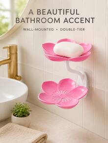 Flower-Shaped Soap Holder Storage Rack - Wall-Mounted Double Layer Soap Rack With Hooks, Suitable For Bathroom, Drainage System And Bathroom Accessories, Easy To Clean - Multicolor - View 2